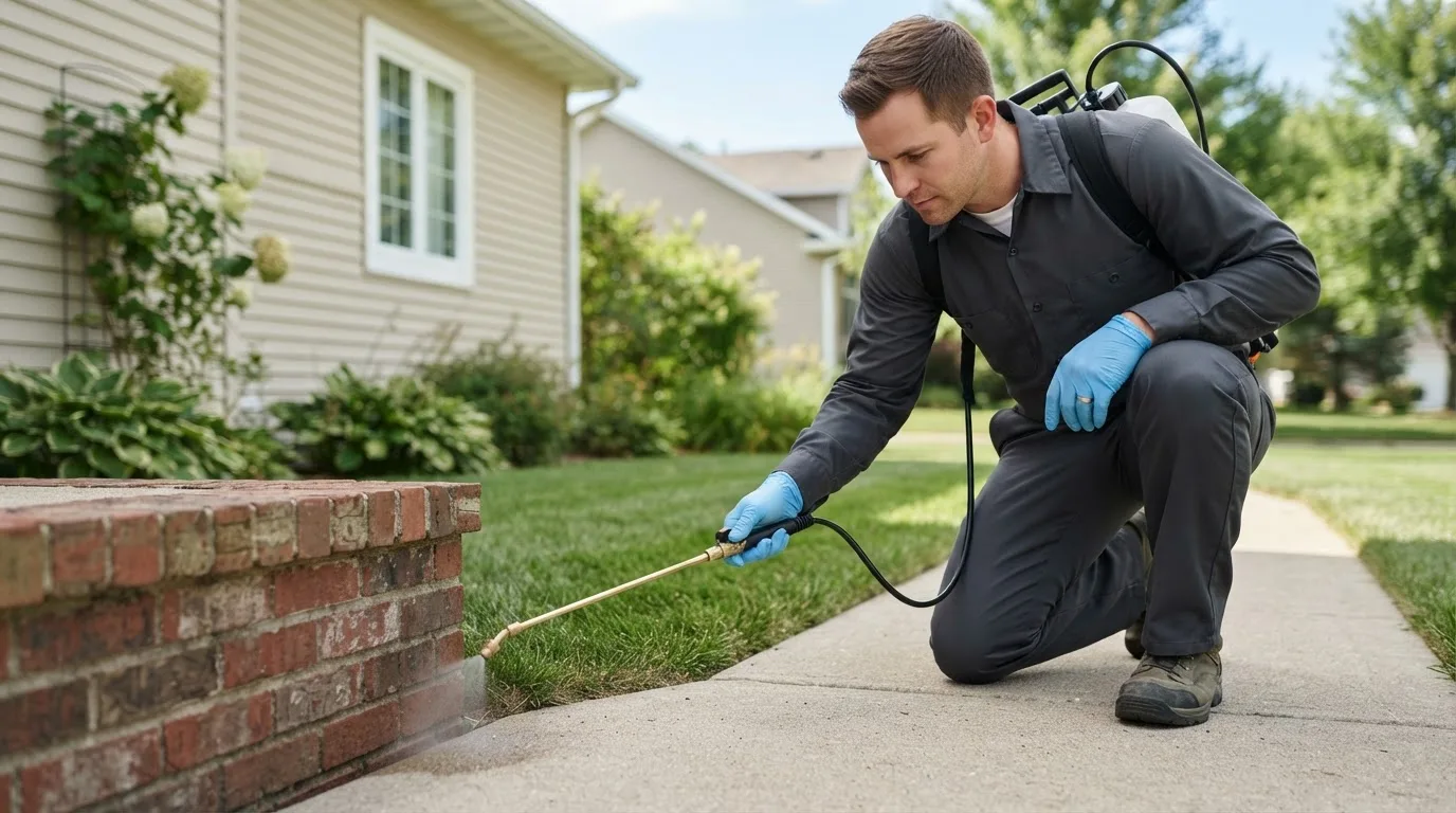 Pest control technician treating a home near Tillar, AR